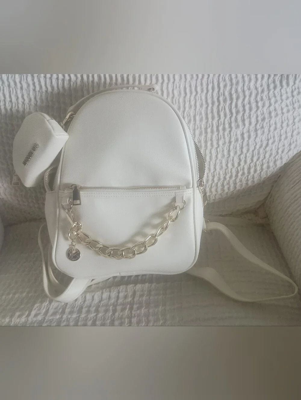 Cream Mini Backpack with Gold Chain Accent